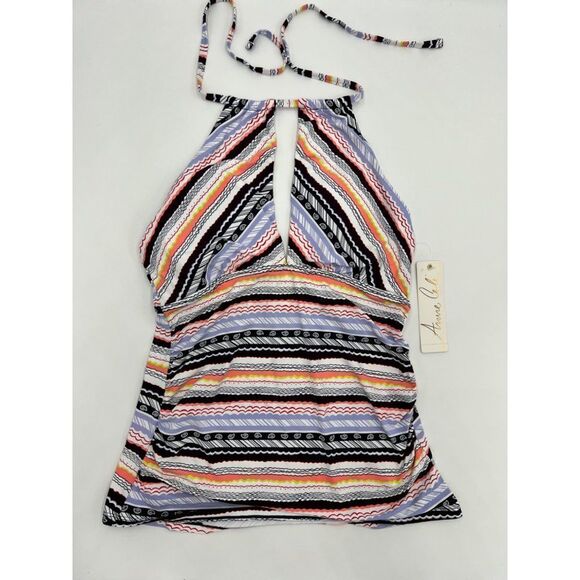 Anne Cole Striped Deep V Cutout Halter Neck Tankini Swim Top Multicolor Size M N - Picture 1 of 10